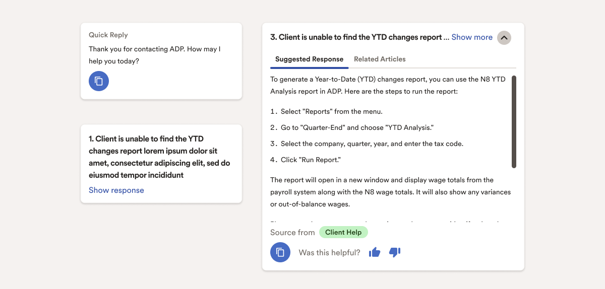 Three separate cards for Quick Reply, Problem Statement, and Suggested Response as part of the Chat Assist feature.